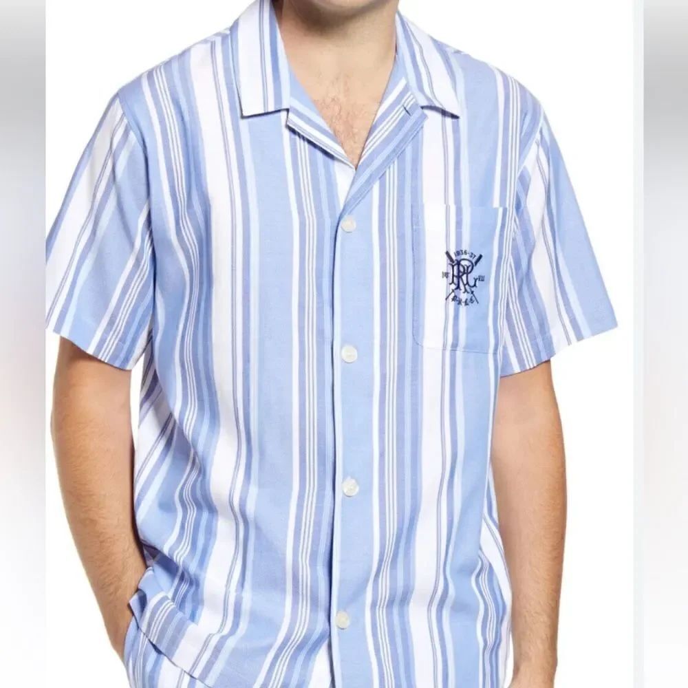 Polo Ralph Lauren Blue/White Striped Short Sleeve Button Cotton Dress Shirt LRG